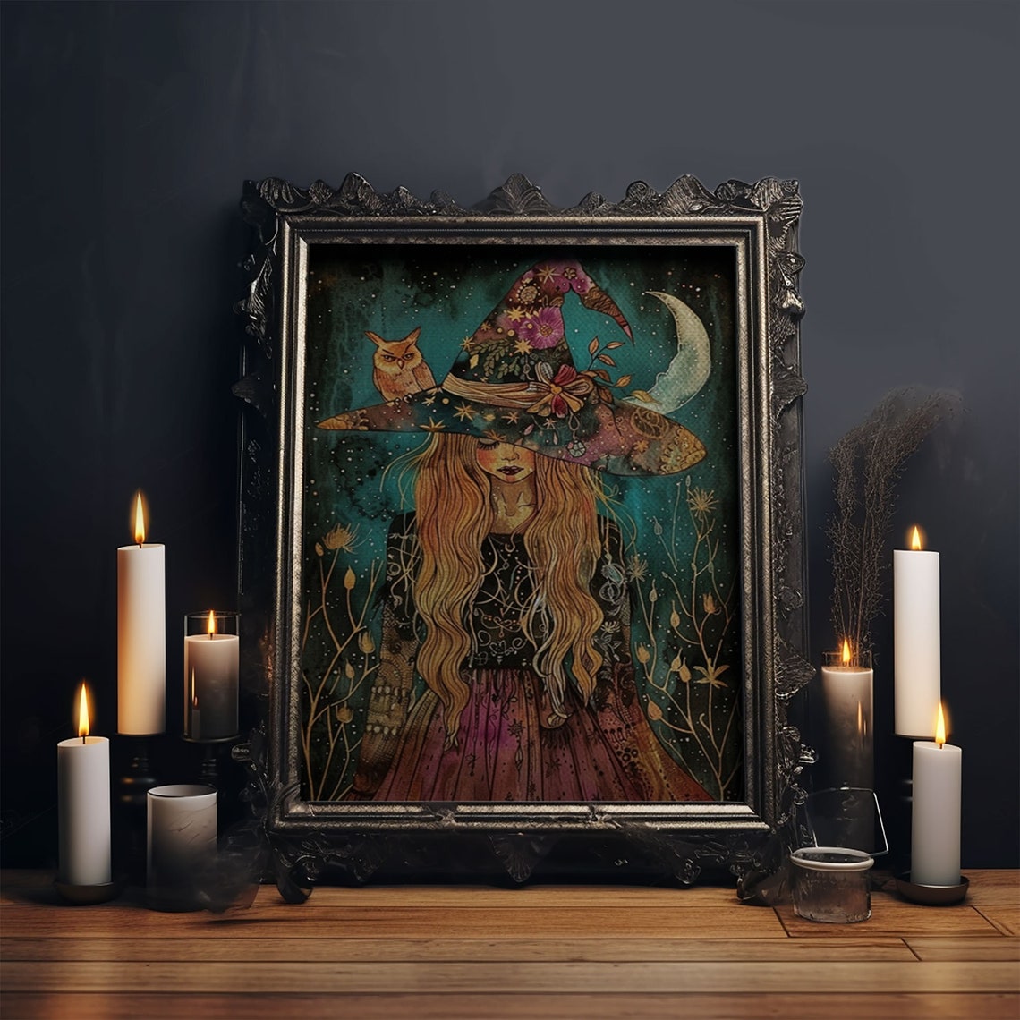 Witch Floral Hat Owl Crescent Moon Starry Night Watercolor Poster - Image 6