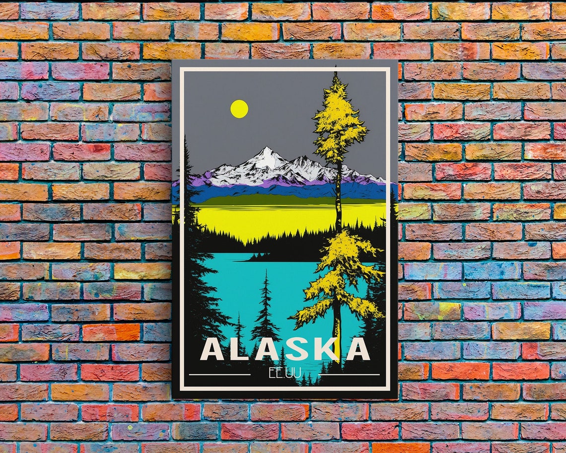 Alaska Snowy Mountain Lake Pine Trees Night Vintage Travel Art Poster