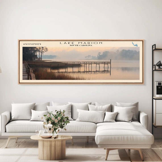 Lake Marion South Carolina Framed Print Lake House Decor Panoramic Wall Art Travel Poster Lake Painting Contemporary Art