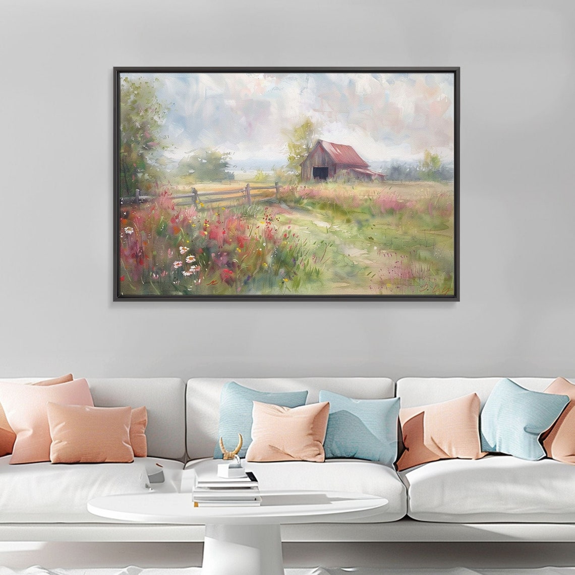 Watercolor Wildflower Meadow Red Barn Rustic Farmhouse Summer Poster - Image 4