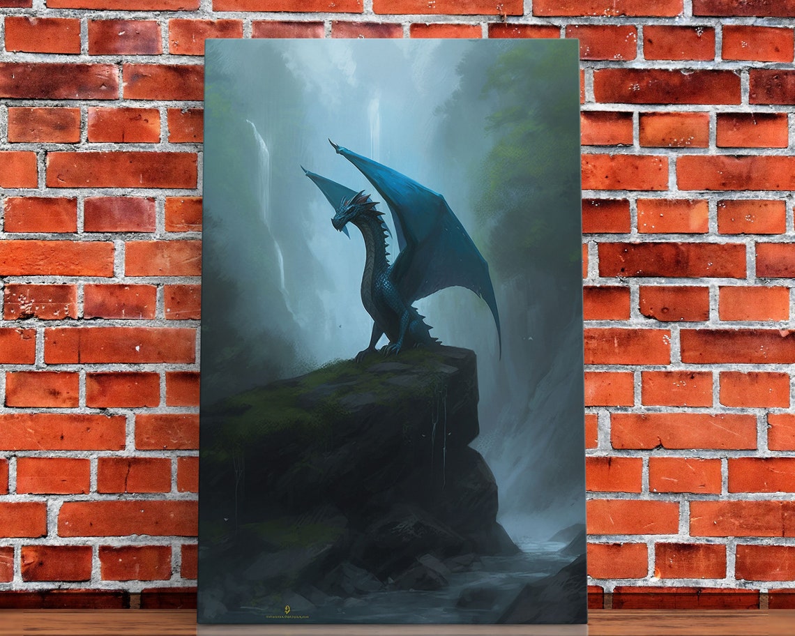 Blue Dragon Cliff Waterfall Misty Forest Fantasy Creature Art Poster - Image 4