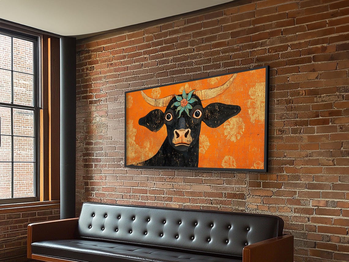 Funny Wide Eyed Black Cow Flower Crown Orange Folk Art Animal Poster - Image 2