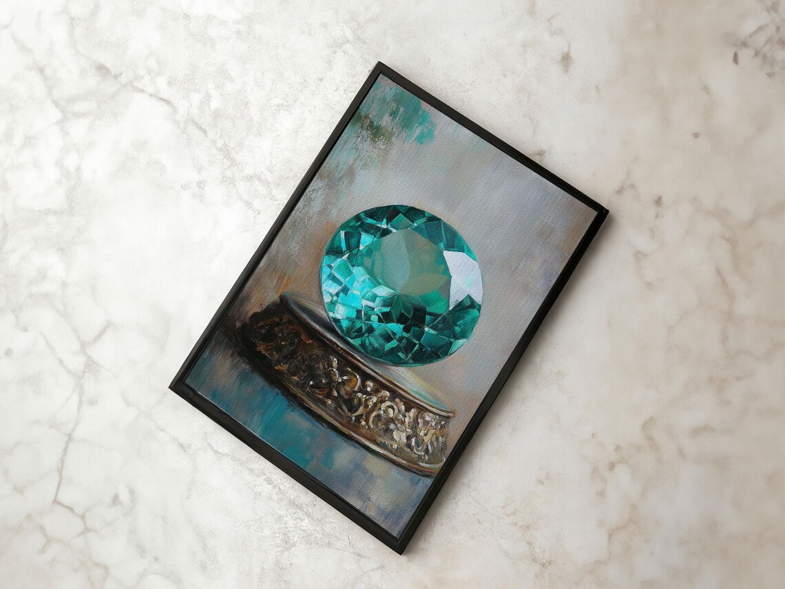 Emerald Green Faceted Gemstone Pedestal Jewel Painting Precious Wall Art - Image 3