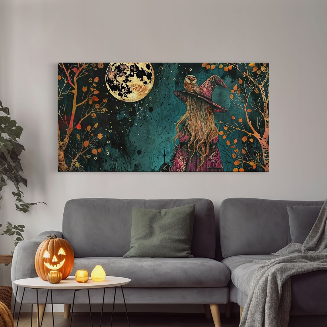 Victorian Witch With Owl Familiar Gazing At Full Moon Art Print - Image 4