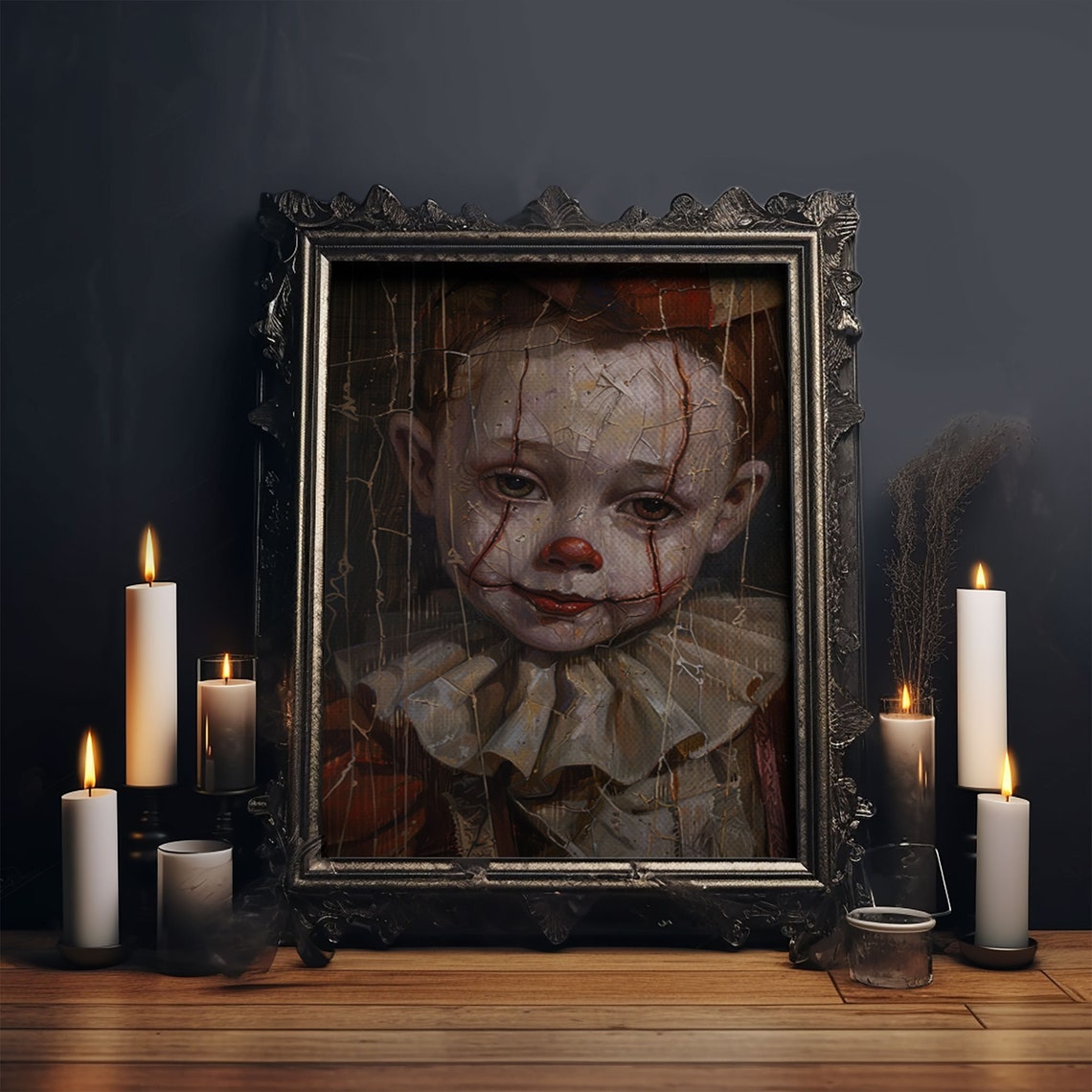 Haunting Creepy Clown Portrait With Cracked Face Spooky Wall Art - Image 6