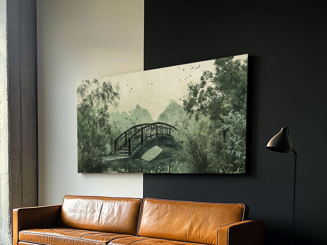 Misty Arched Bridge Japanese Garden Zen Chinoiserie Art Poster - Image 4