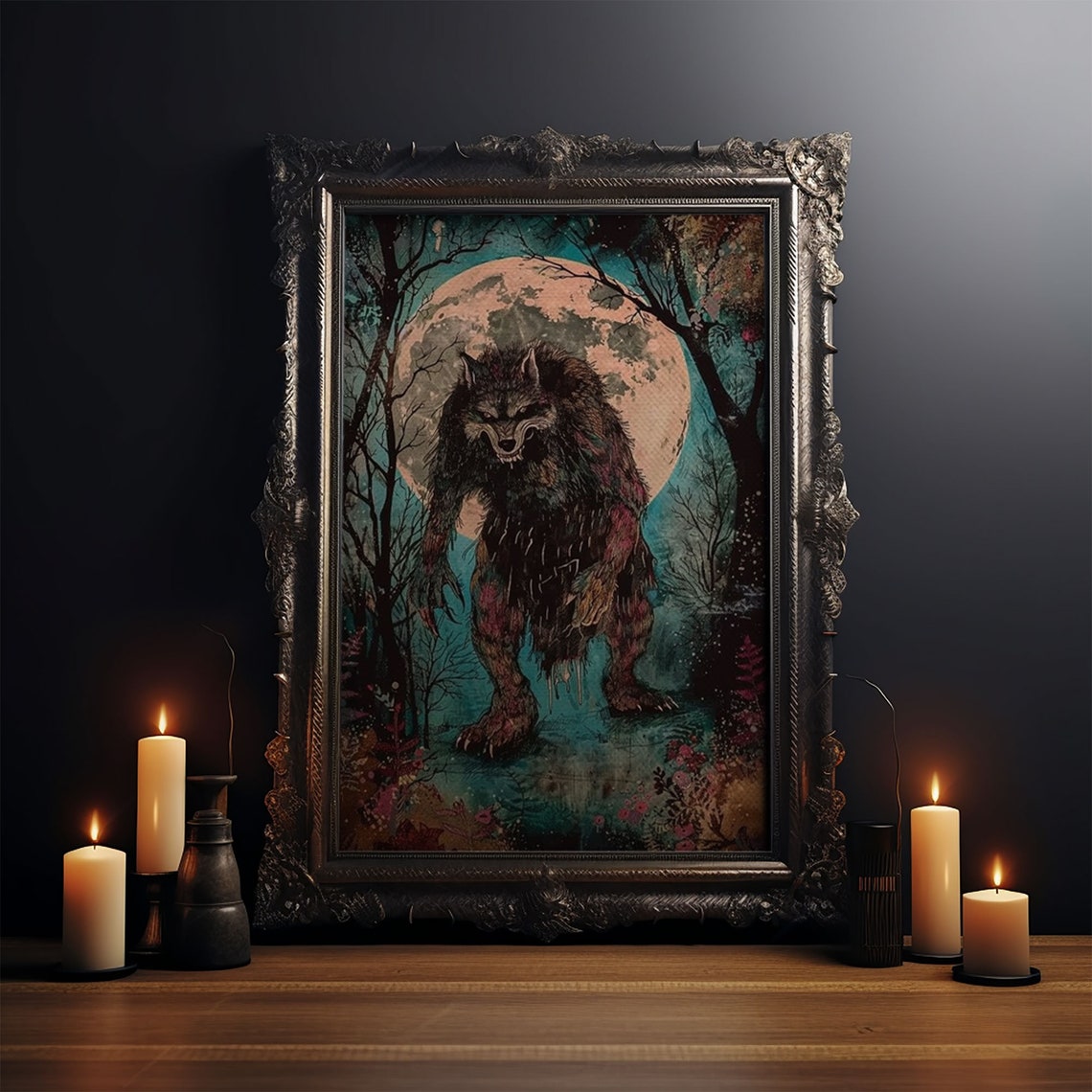 Full Moon Werewolf Menacing Forest Beast Halloween Horror Art Poster - Image 3