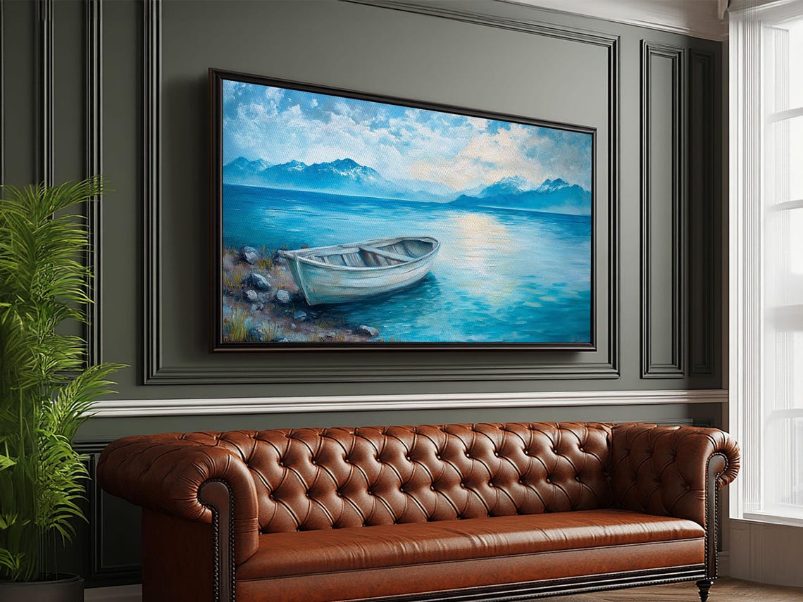 White Boat Turquoise Mountain Lake Blue Waters Coastal Wall Poster - Image 3