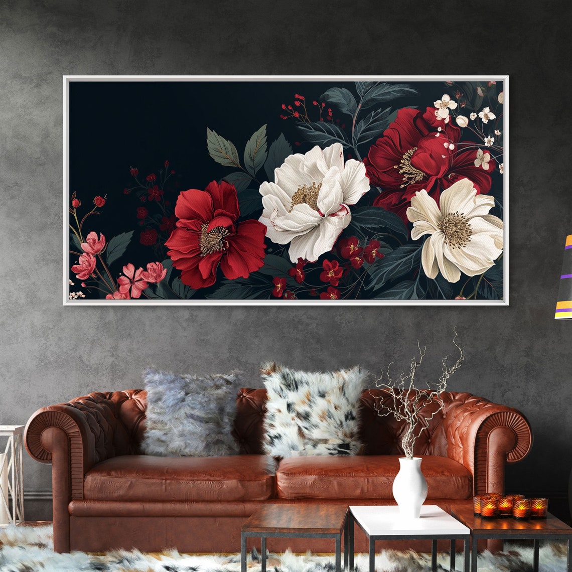 Red White Peony Floral Botanical Painting Black Background Poster - Image 6