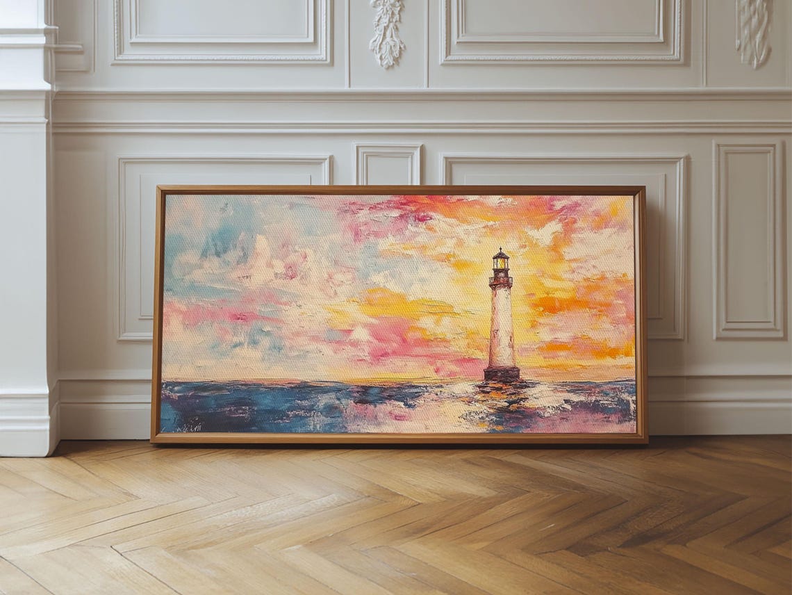 Nautical Seascapes Oil Painting Print Nautical Landscape Painting Beach Art Light House Painting Sunrise Oil Painting Print - Image 2