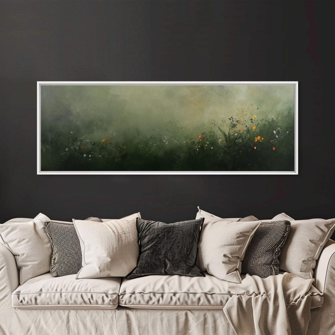Fog Over Wildflowers Moody Muted Green Panoramic Painting Poster - Image 6