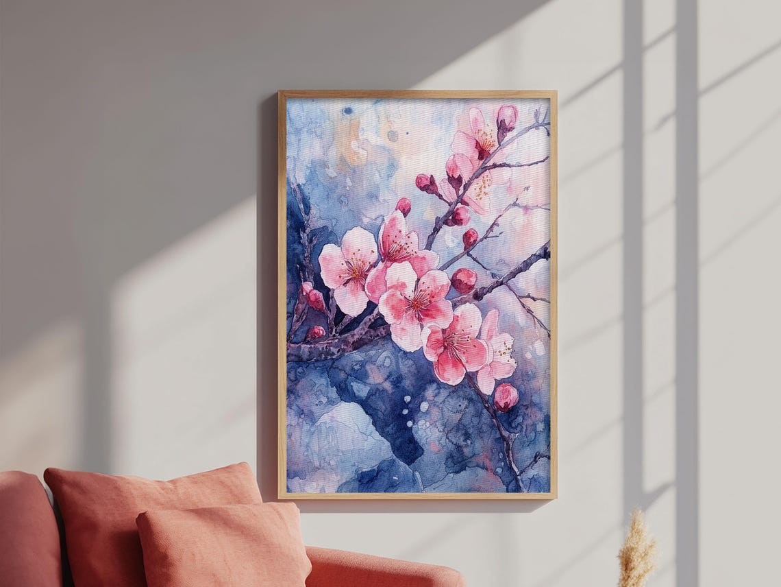 Pink Cherry Blossom Branch Watercolor Spring Floral Art Poster - Image 4