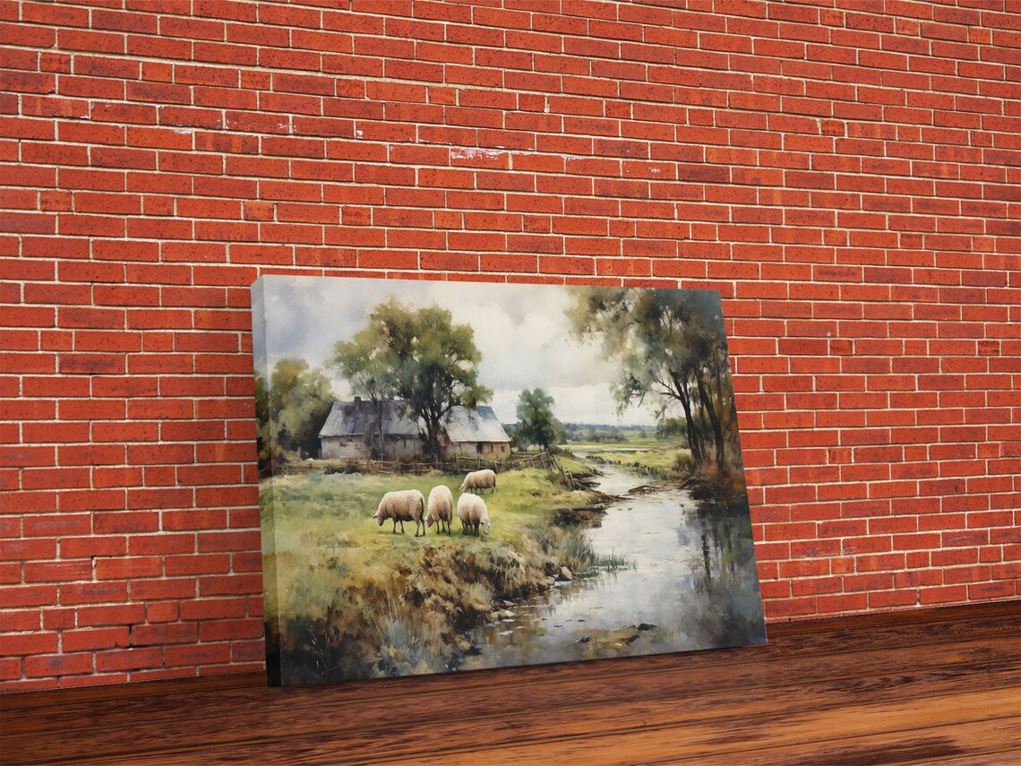 Sheep Grazing By The River Vintage Home Poster - Image 5