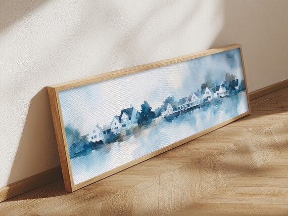 Nantucket Harbor Watercolor Coastal Town Cottages Panoramic Nautical Print