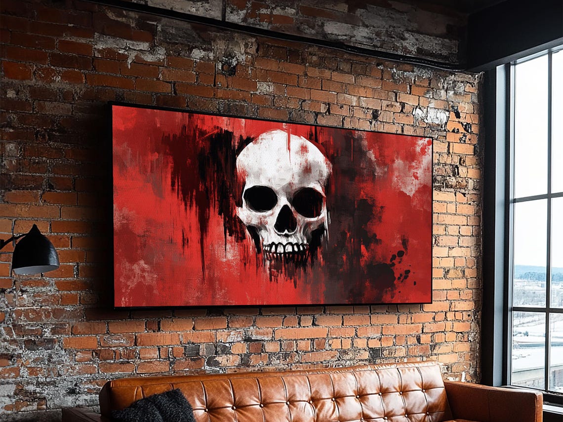 Moody Skull On Red Abstract Dark Grunge Halloween Wall Art Poster - Image 4