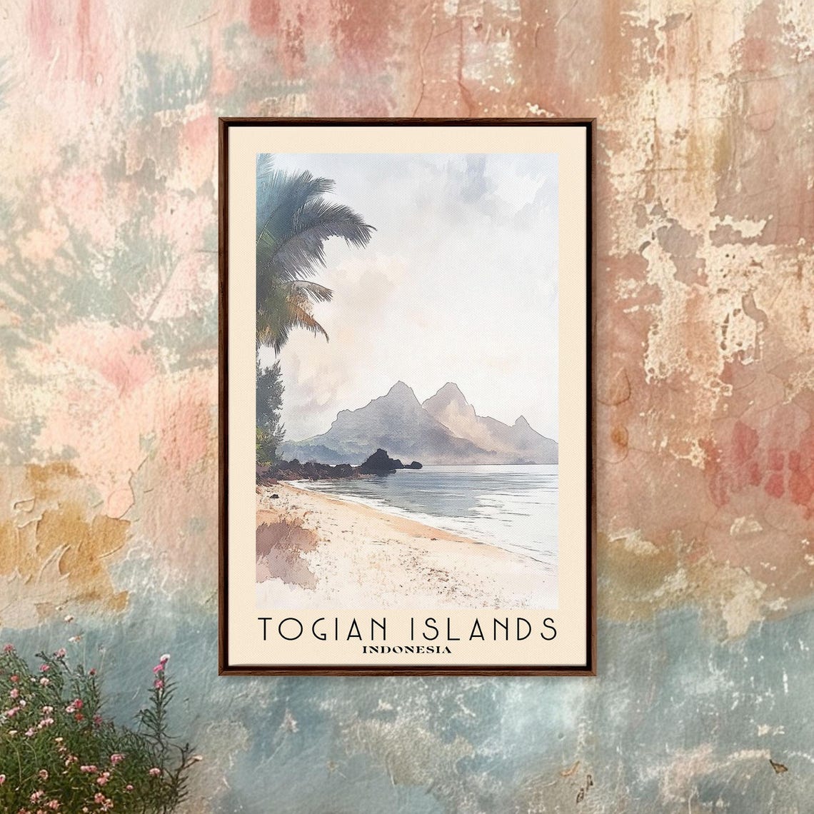 Togian Islands Indonesia Palm Beach Hazy Mountains Watercolor Poster - Image 3