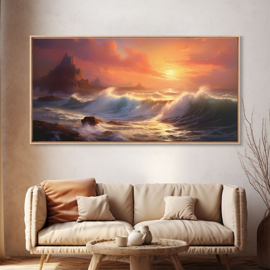 Crashing Waves Rocky Cliffs At Sunset Dramatic Seascape Art Poster - Image 4