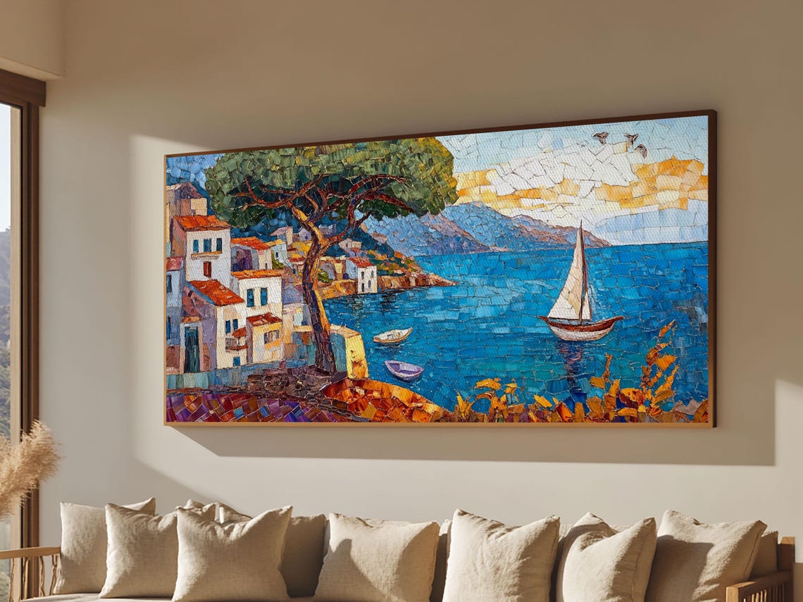 Mediterranean Coastal Village Mosaic Sailboat Blue Sea Travel Poster - Image 2