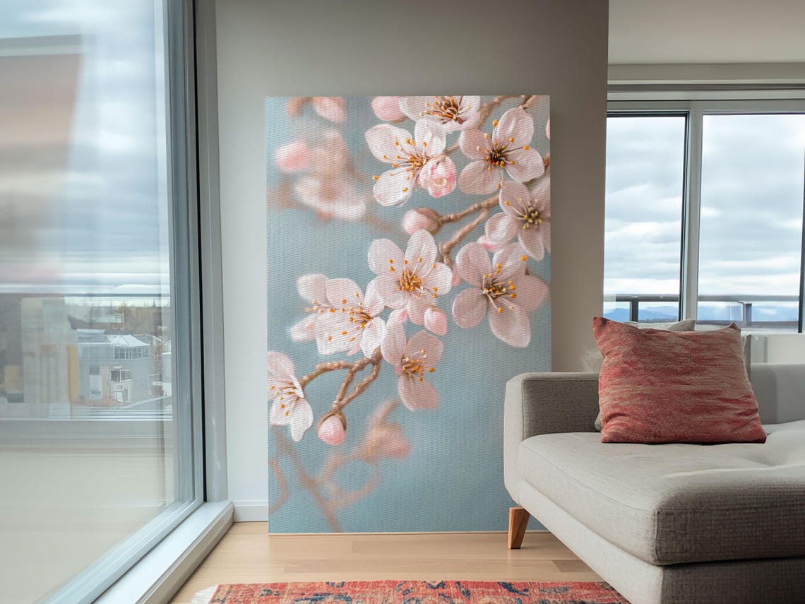 Delicate Cherry Blossom Branch Soft Blue Spring Floral Wall Art Poster - Image 5