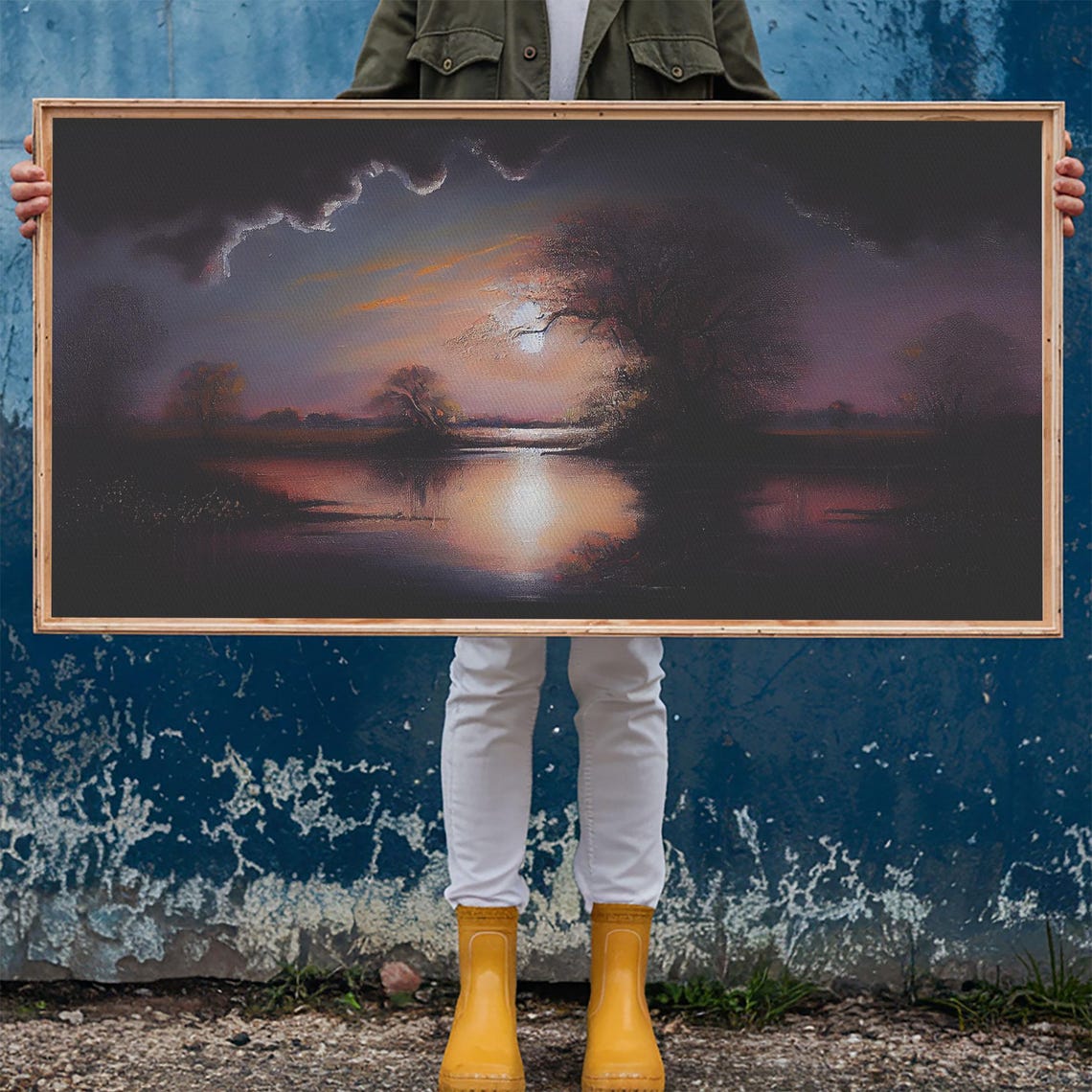 Dark Moody Moonlit Lake Stormy Purple Clouds Reflection Vintage Poster - Image 6