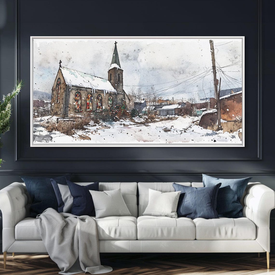 Snowy Old Stone Village Church Stained Glass Winter Art Print - Image 3