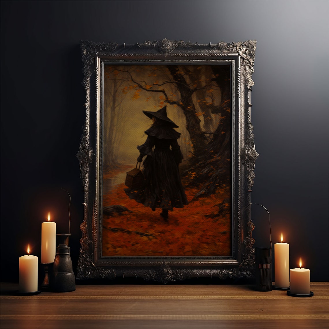 Witch Walking Autumn Forest Basket Moody Fall Halloween Art Poster - Image 3