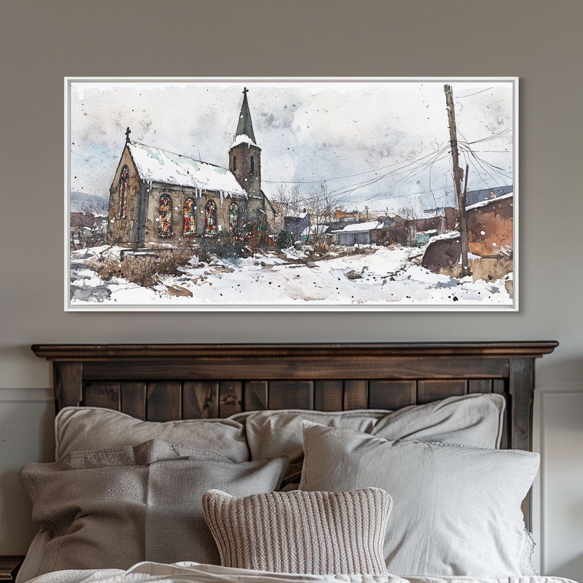 Snowy Old Stone Village Church Stained Glass Winter Art Print - Image 4