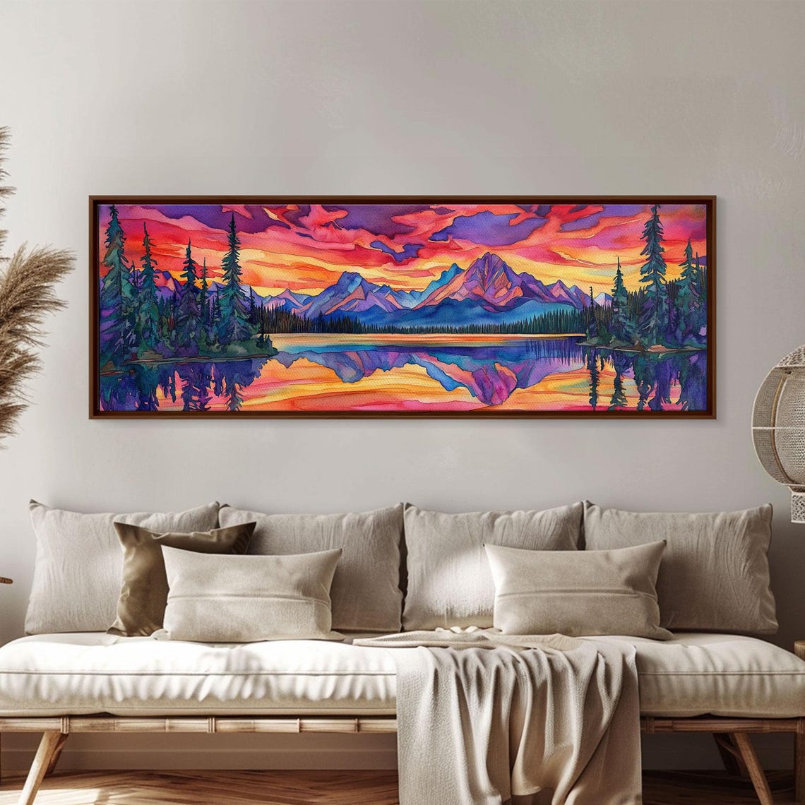 Surreal Pink Sunset Mountain Lake Reflection Pine Trees Art Poster - Image 4