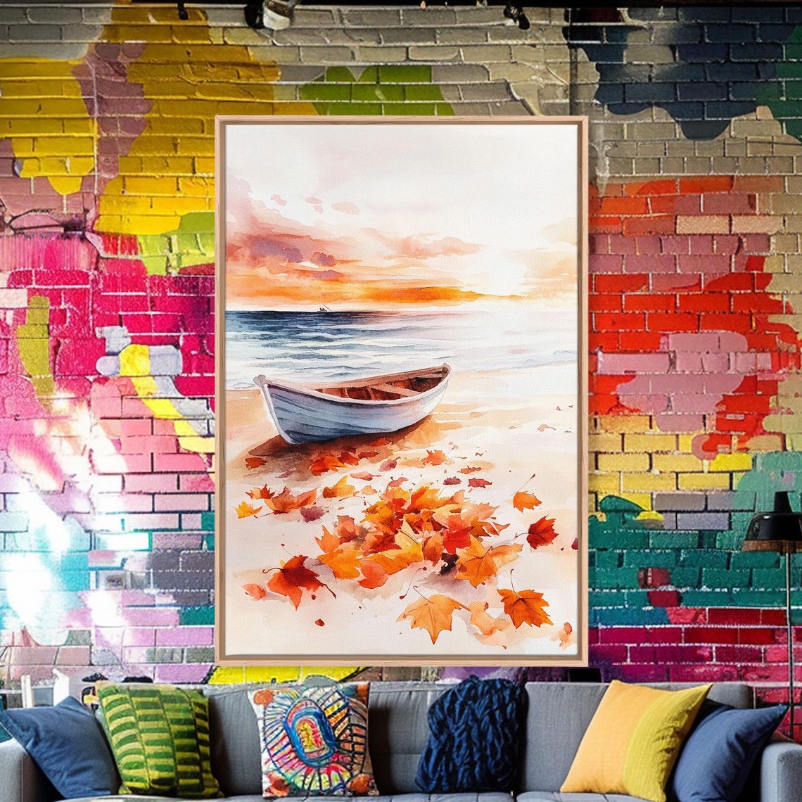 Wooden Rowboat On Beach With Autumn Leaves At Sunset Fall Poster - Image 3