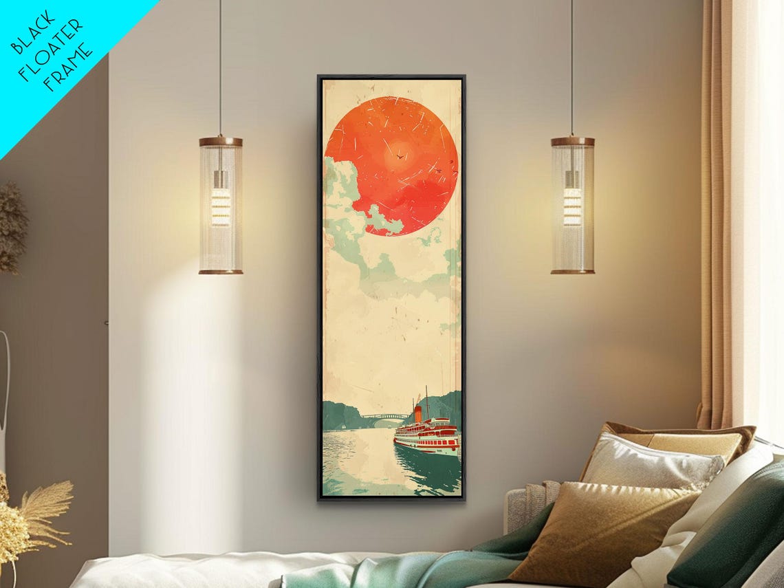 Large Red Sun Over River Japanese Art Inspired By Ukiyo E Framed Print For Tall Skinny Wall Spaces - Image 3