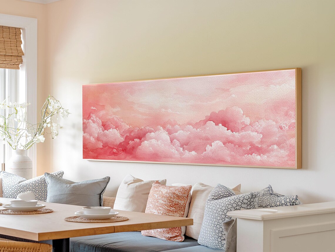 Pink Cloudscape Framed Print Light Pink Wall Art Above Sofa Horizontal Art Moody Sky Coastal Decor Gift Idea For Her Bedroom Art - Image 2