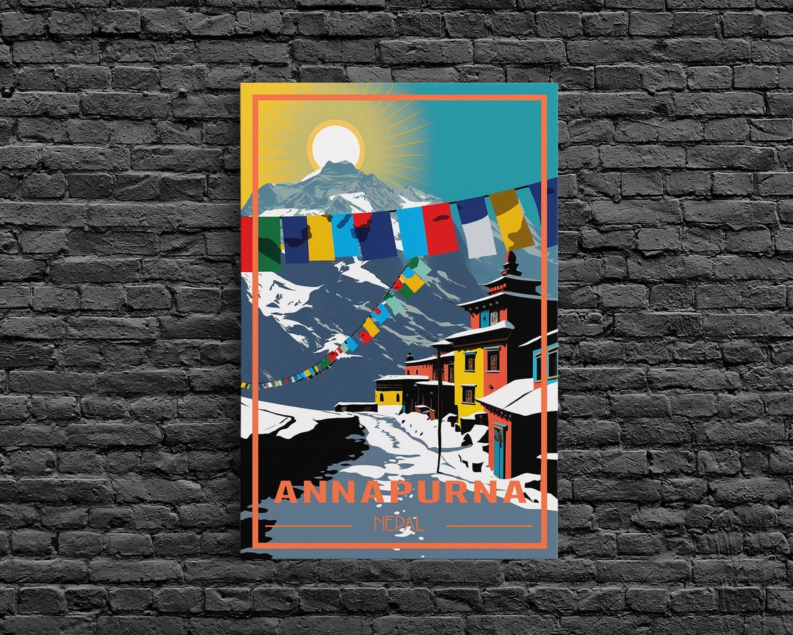 Annapurna Nepal Snowy Peaks Prayer Flags Village Retro Travel Poster