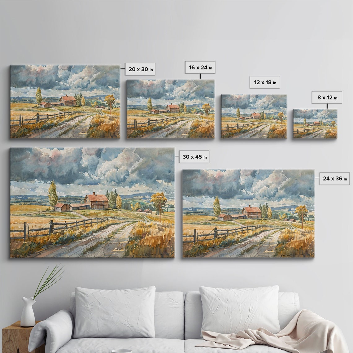 Watercolor Farm Road Red Barns Split Rail Fence Storm Clouds Poster - Image 2