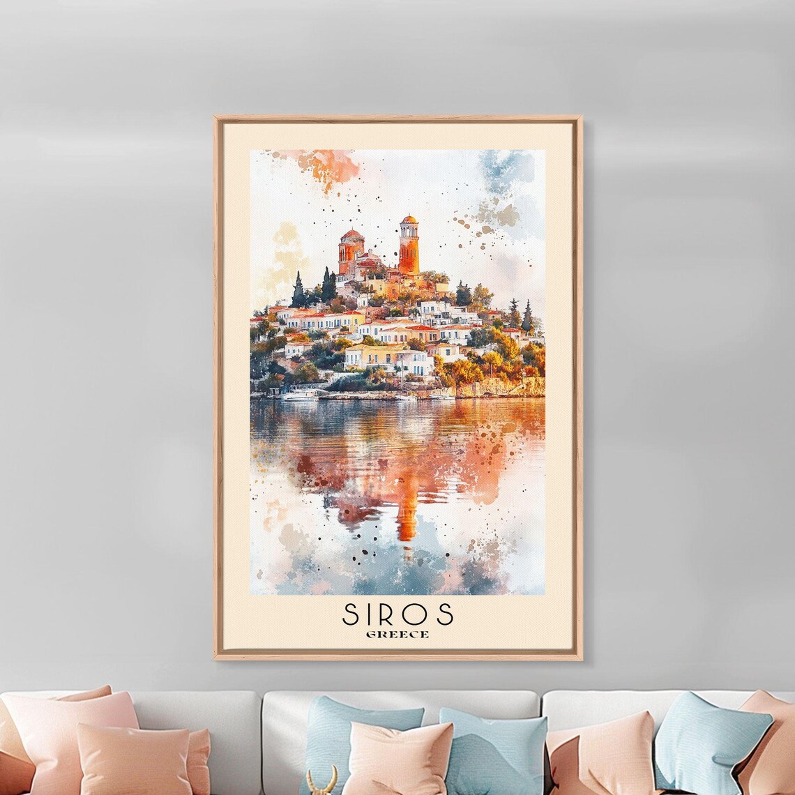 Siros Greece Hilltop Churches Harbor Town Warm Reflection Watercolor Poster - Image 2