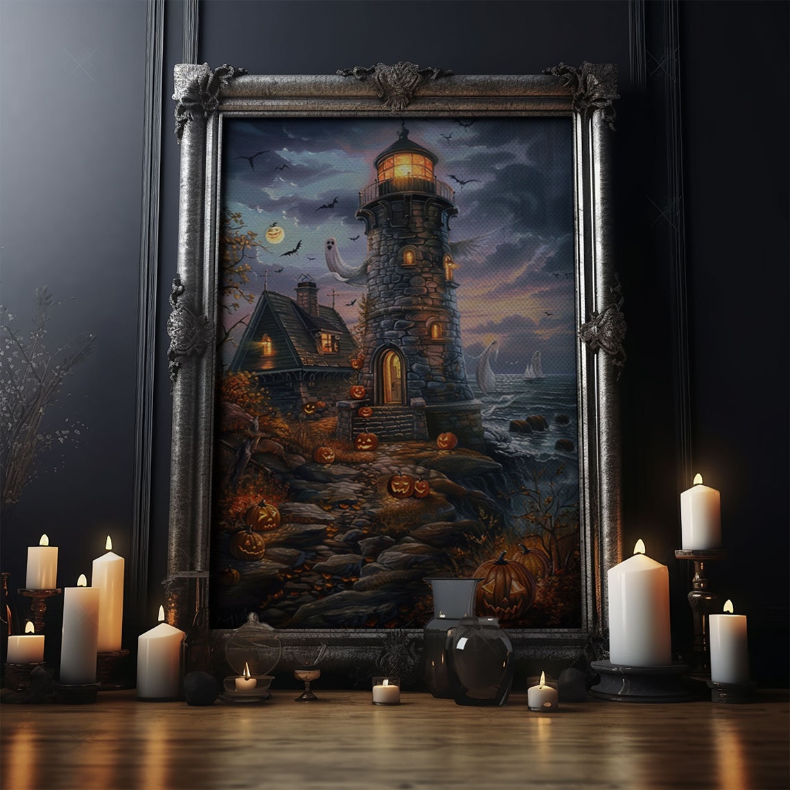 Haunted Lighthouse Jack O Lanterns Spooky Halloween Night Art Poster - Image 4