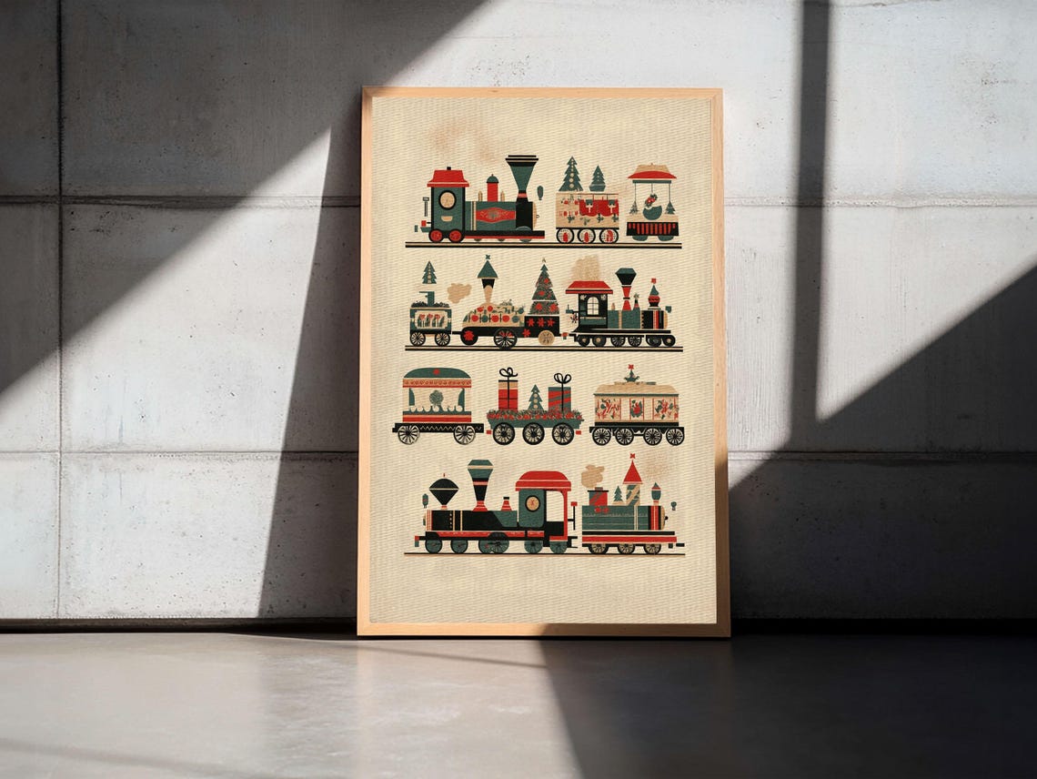 Retro Christmas Train Illustration Art Print Vintage Holiday Wall Decor - Image 4