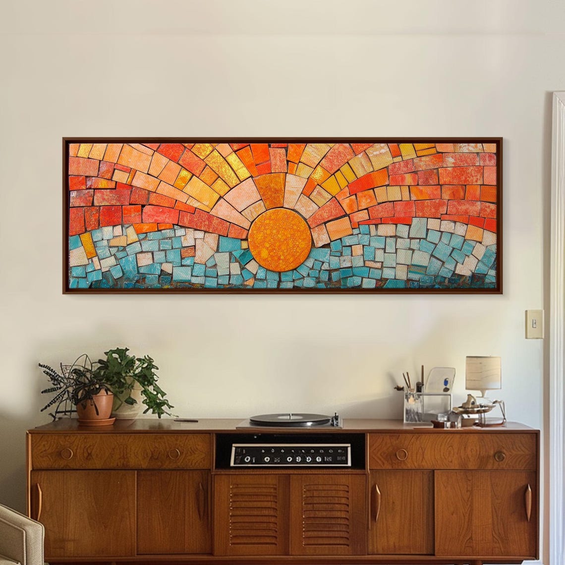 Panoramic Print Sunset Mosaic Print Wood Framed Wall Art Horizontal Abstract Art Wide Wall Art Above Bed Decor Framed