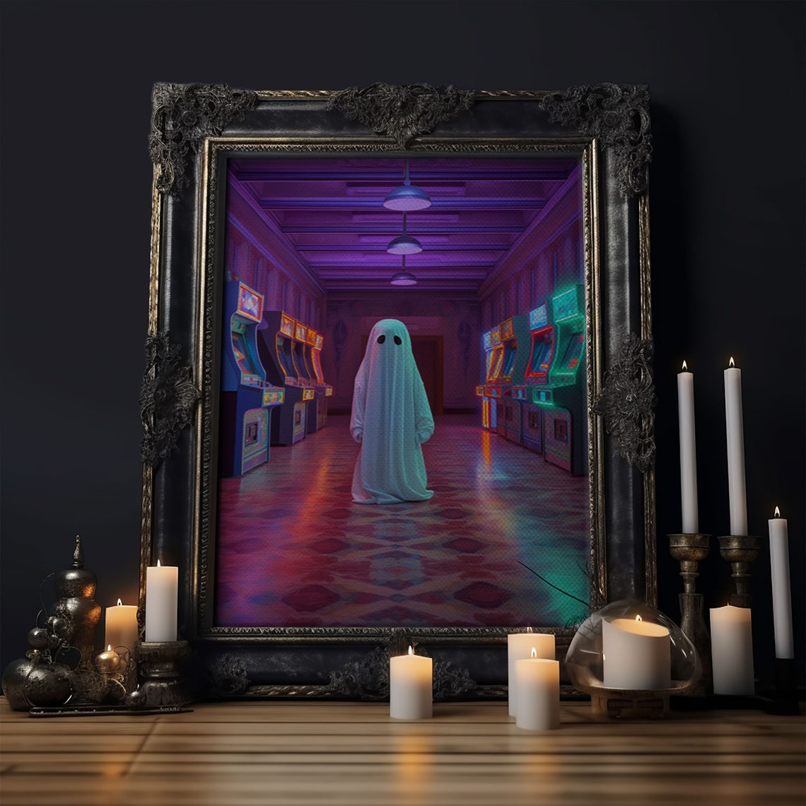 Lonely Ghost In Neon Retro Arcade Hallway Vaporwave Halloween Print - Image 5