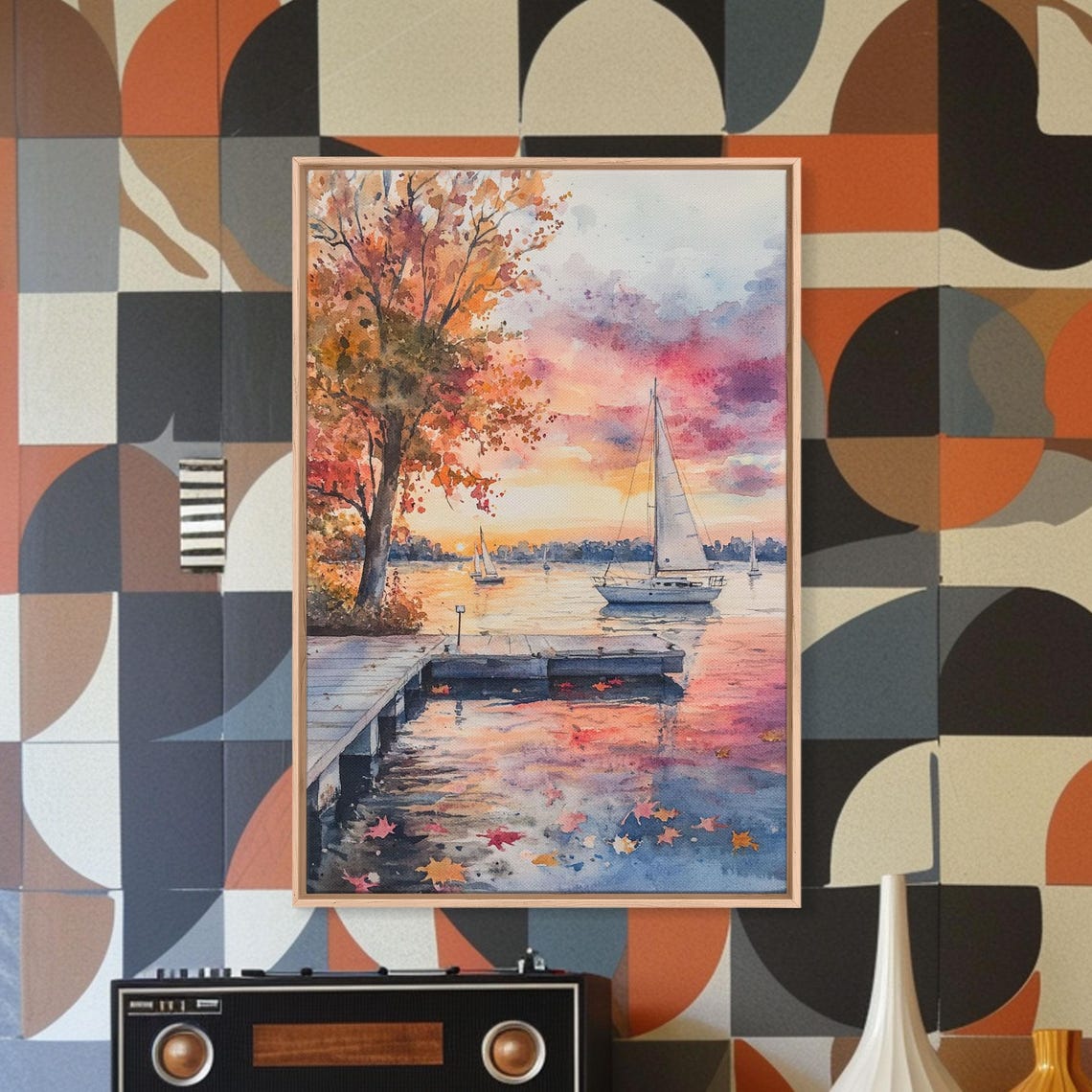 Sailboats At Sunset On Calm Water With Autumn Trees And Dock Poster - Image 5