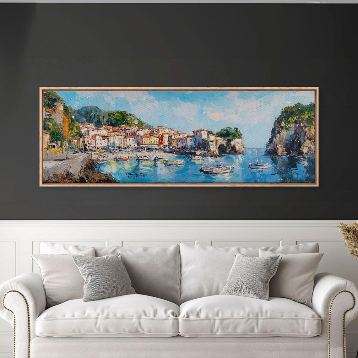 Italian Fishing Village Cliffs Boats Bright Coastal Harbor Art Poster