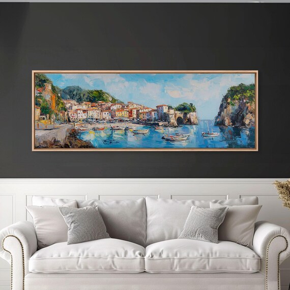 Muted Italian Fishing Village Painting Print Boho Wall Art Minimalist Panoramic Painting Large Oversized Wall Art Home Decor Gift Idea