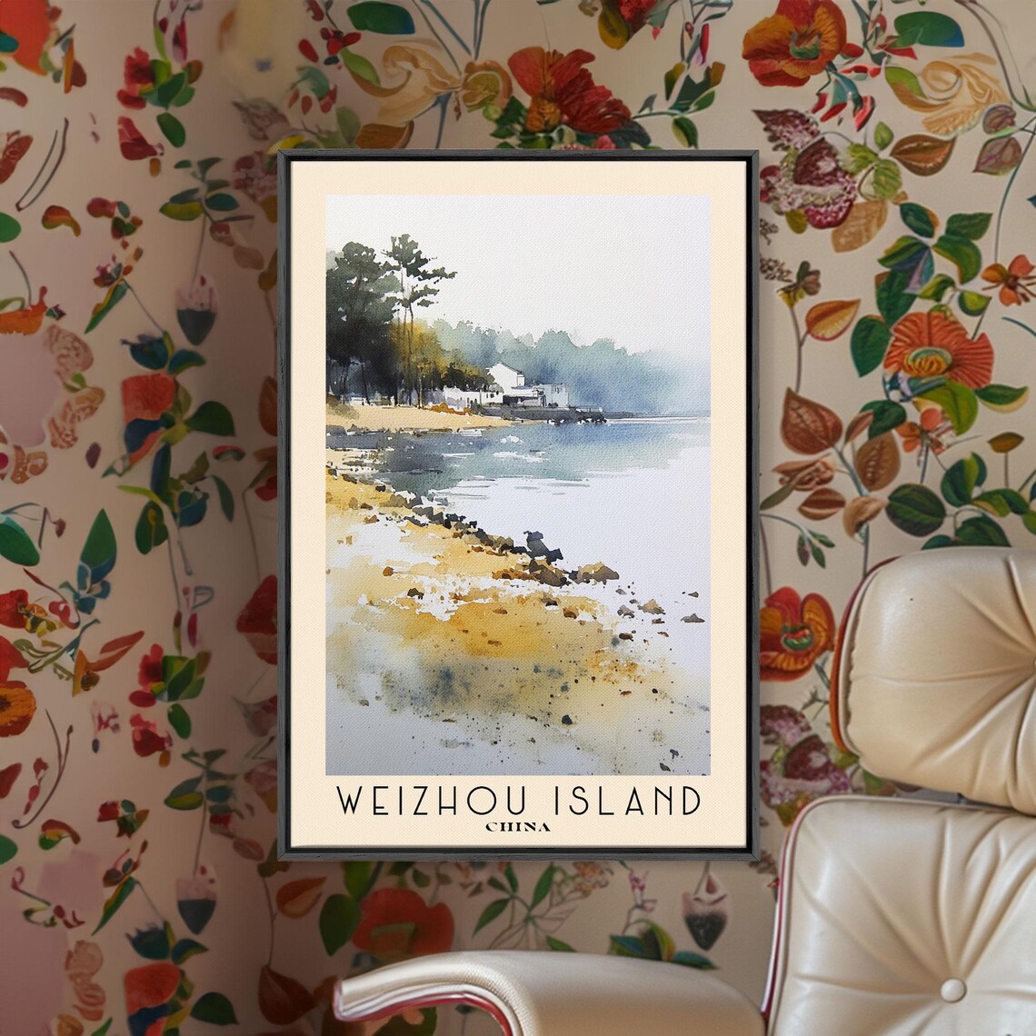 Weizhou Island China Sandy Shore Fishing Village Watercolor Poster