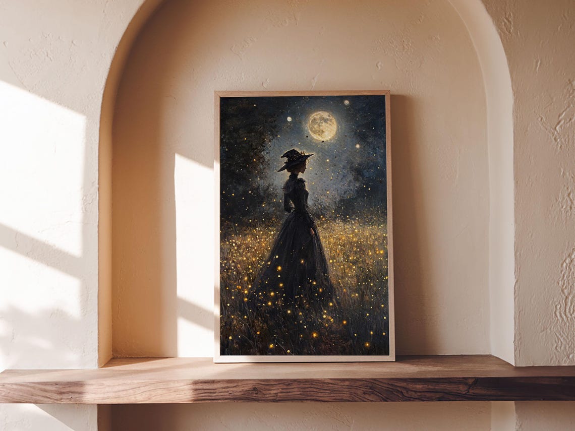 Witch Under Full Moon Firefly Field Dark Night Gothic Fantasy Wall Art
