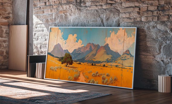 Vintage And Distressed Chicano Style Landscape Painting Print Western Wall Art Pueblo Style Home Decor Arizona Painting
