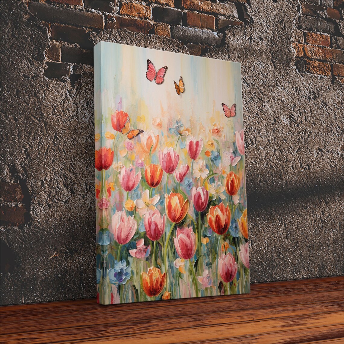 Tulip Field Butterfly Art Print, Colorful Flowers
