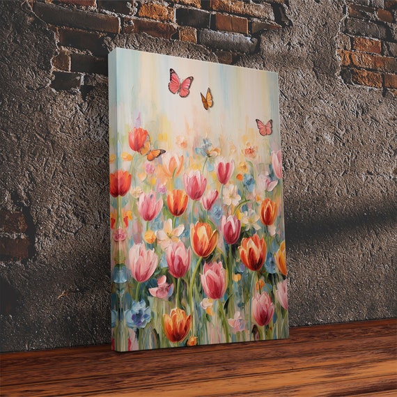 Tulip Field Butterfly Art Print, Colorful Flowers