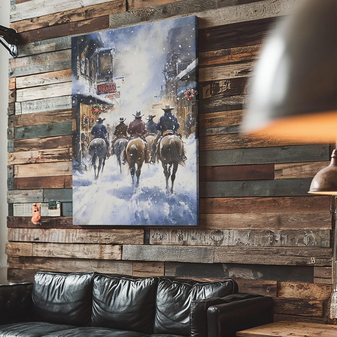 Cowboys Riding Into Snowy Western Town At Christmas Time Poster - Image 5
