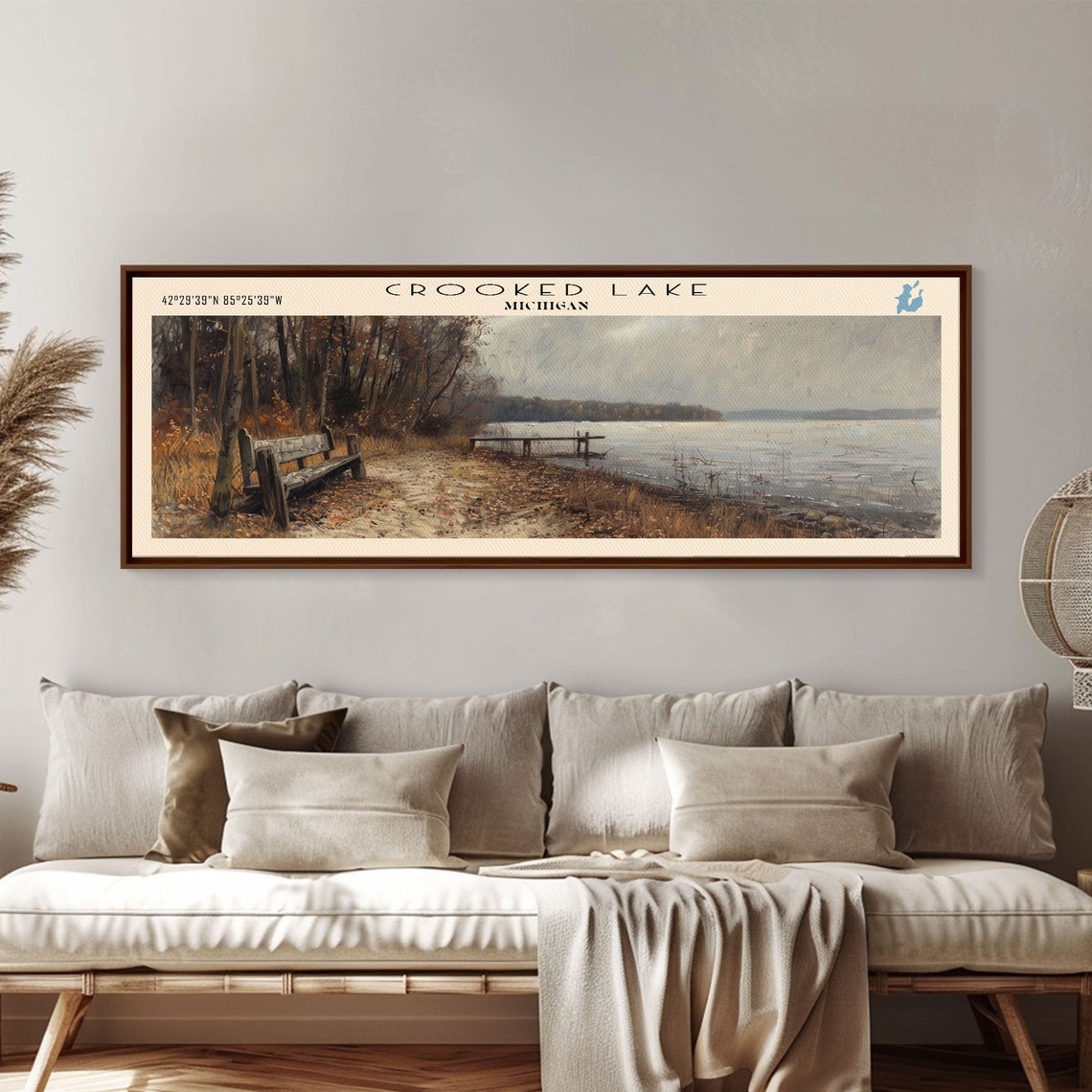 Crooked Lake Michigan Autumn Shore Bench Dock Gray Sky Travel Poster - Image 3