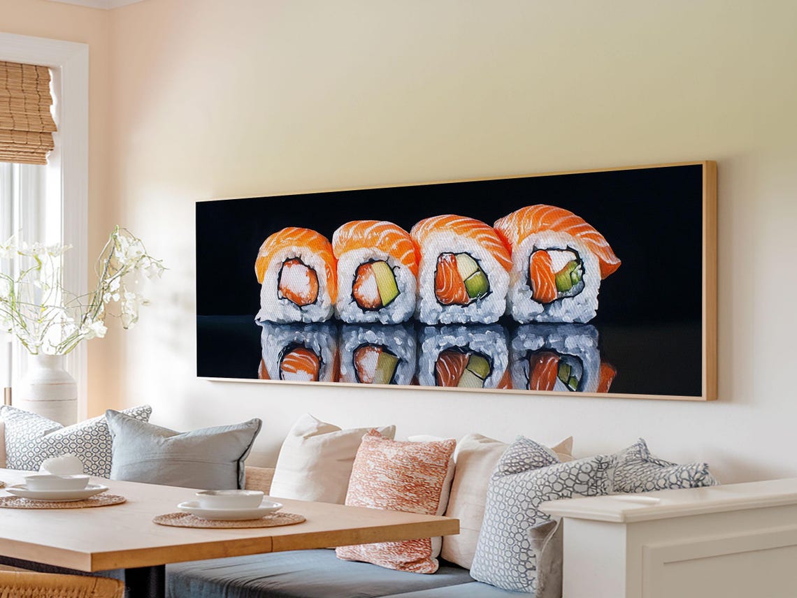 Salmon Sushi Rolls Row On Black Modern Kitchen Panoramic Art Poster - Image 4