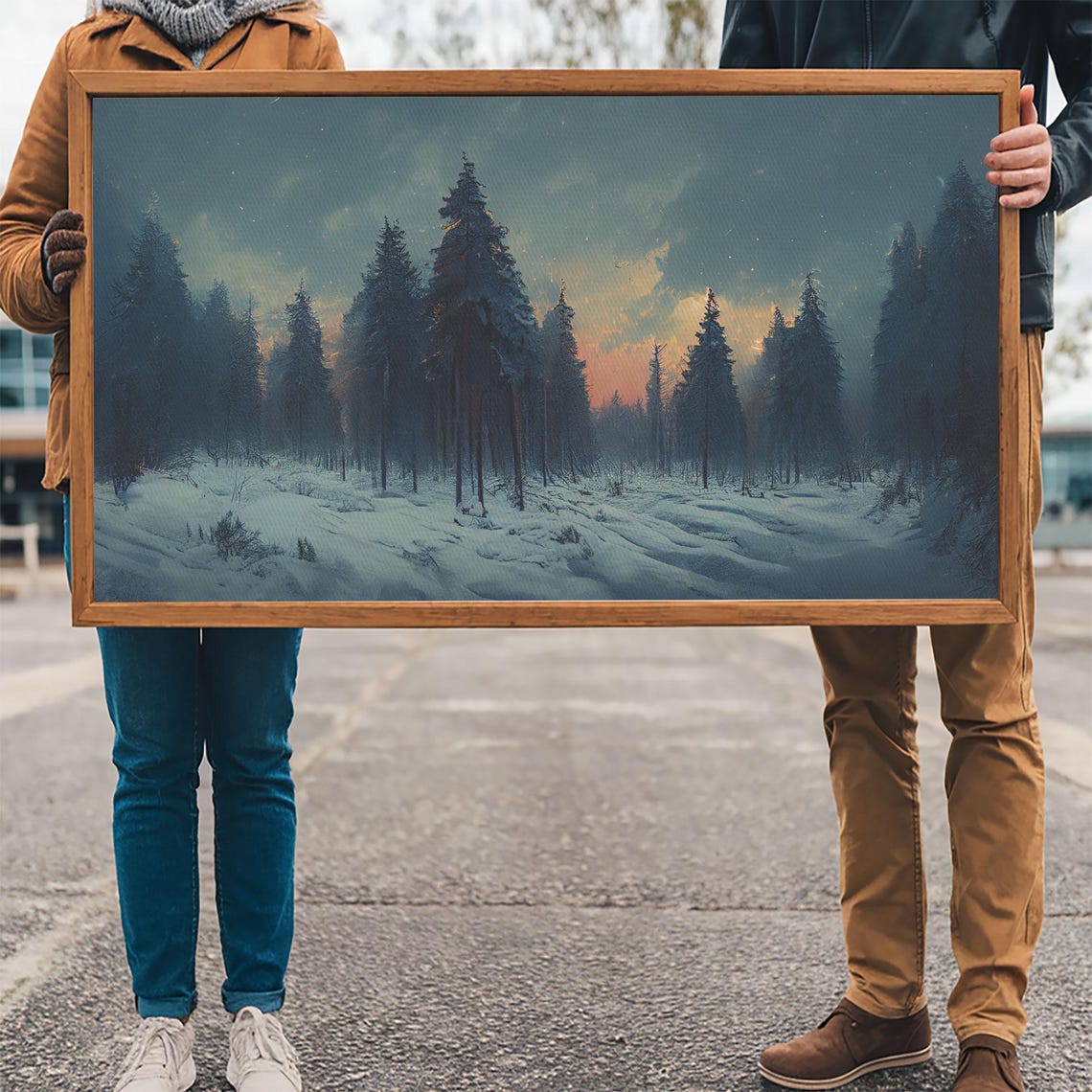 Snowy Forest Dusk Orange Horizon Dark Pines Winter Night Wall Art - Image 3